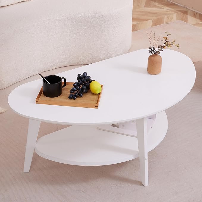 NAVREX Mid Century Modern Coffee Table, Oval Coffee Tables with Storage for Living Room, 2 Tier Solid Wood Center Table, White Coffe Tables, Easy Assembly, 40.2" D x 22" W x 17.7" H