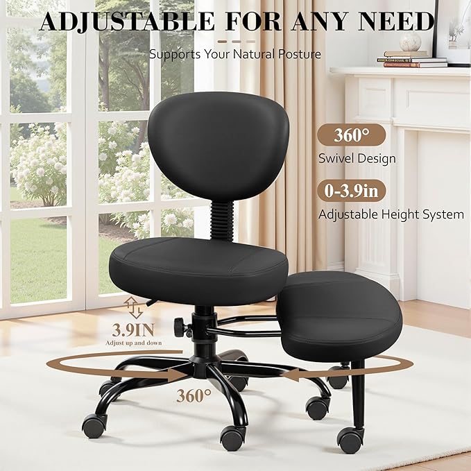 Ergonomic Cross Legged Office Chair with Wheels - Adjustable Height for Meditation, ADHD Desk & Yoga - Wide Criss Cross Design with Lumbar Support, Kneeling Chair - Jet Black