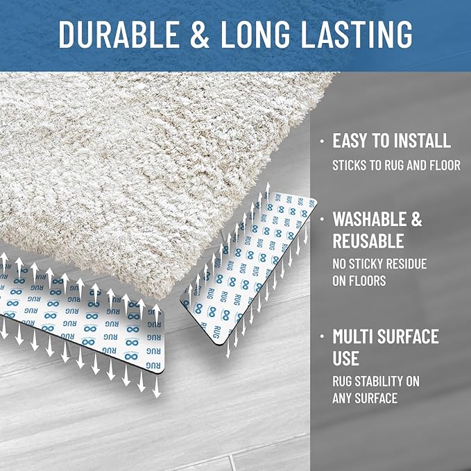 Everlasting Comfort Area Rug Gripper for Hardwood Floors - No Damage Non Slip Rug Pads, Floor to Carpet Tape for Holding Rugs in Place, Washable and Reusable, Double Sided Anti Slip Tape - 8 Pack