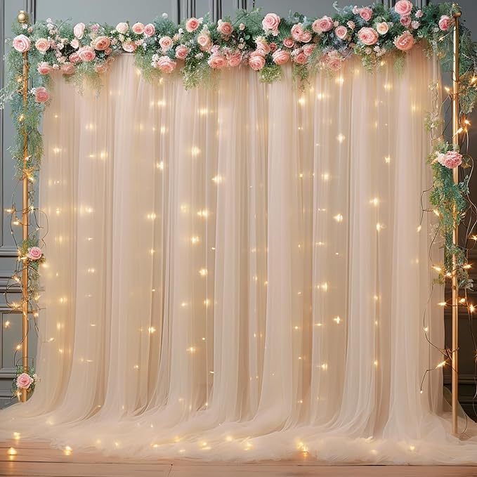 10x10ft Champagne Tulle Backdrop Curtain with Lights String for Parites, Sheer Backdrop Curtains for Wedding Baby Shower B...