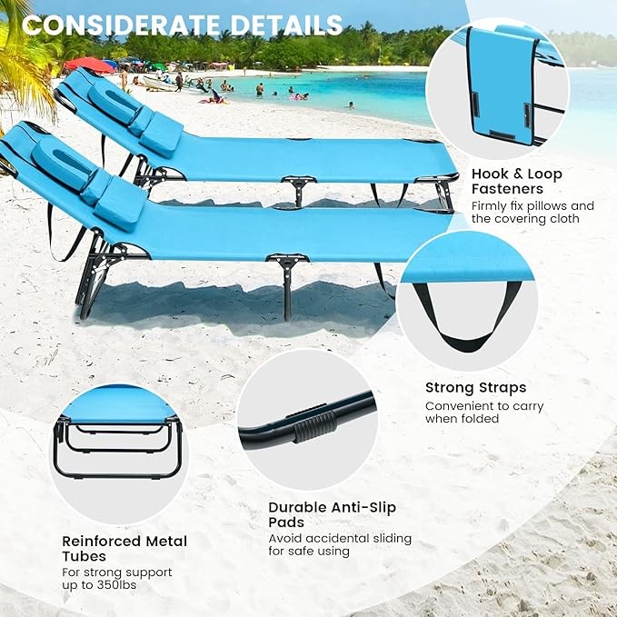 GYMAX Tanning Chair, 350lbs Beach Lounge Chair with Face Hole, Washable Pillow & Carry Strap, Adjustable Folding Chaise Lounge, Layout Lounger for Outside, Patio, Poolside, Lawn (1, Arctic)