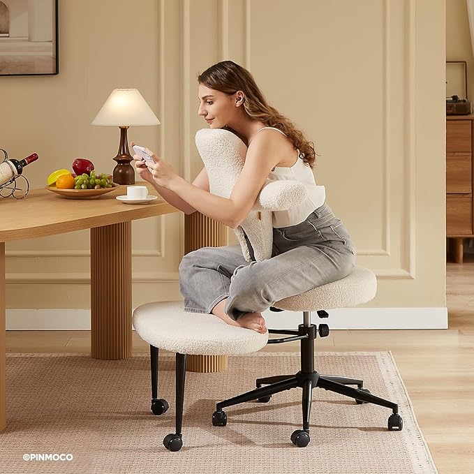 Ergonomic Cross Legged Office Chair Extra Wide for ADHD and Meditation, Kneeling Chair with 360° Swivel Wheels and Reversible Seating, Adjustable Height and Seat Deapth, Teddy Fabric, White