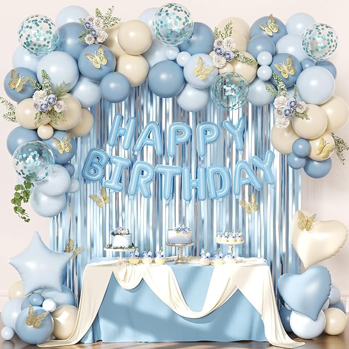 Blue Birthday Decorations, Dusty blue Sand White Confetti Foil Balloons Happy Birthday Banner Gold Butterfly Fringe Curtai...