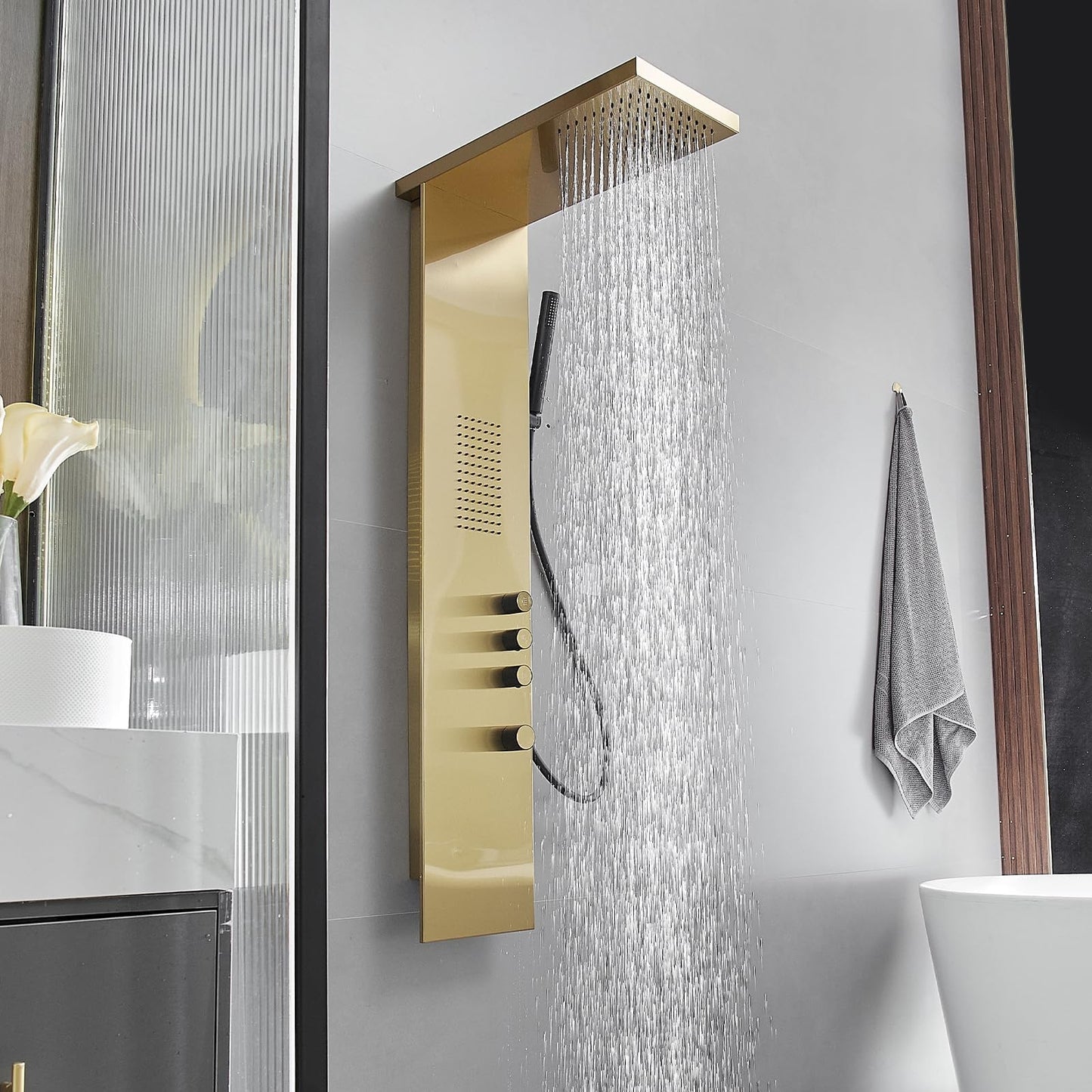 Greenspring Shower Tower Bathroom Shower Panel System with Rainfall Shower Head Hand Shower and Large Area Body Spray, Stainless Steel Multi-Function Shower Fixtures, Brushed Gold