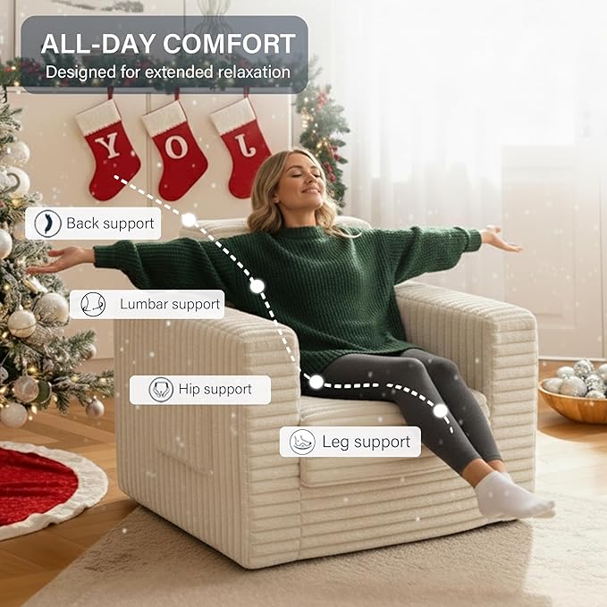Welnow Folding Sofa Bed with Ottoman, Convertible 2-in-1 Boneless Couch Futon Lounge Chair Bed for Adults, Comfy Fold Out Sleeper Sofa for Small Spaces, Living Room, Bedroom, or Dorm, Beige