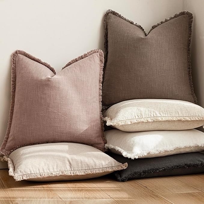 Foindtower Set of 2 Decorative Linen Fringe Throw Pillow Covers Boho Farmhouse Cushion Cover with Tassels Soft Accent Pillowcase for Couch Sofa Bed Living Room Home Decor,16×16 Inch,Dusty Pink