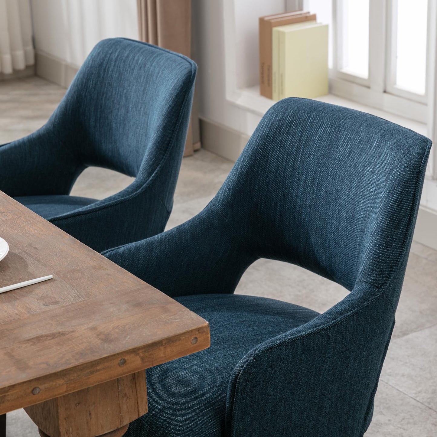 DM Furniture Farmhouse Dining Chairs Set of 2 Upholstered Linen Kitchen Chairs Accent Side Chair with Solid Wood Legs/Armrest for Living Room/Dining Room/Bedroom/Restaurant, Blue