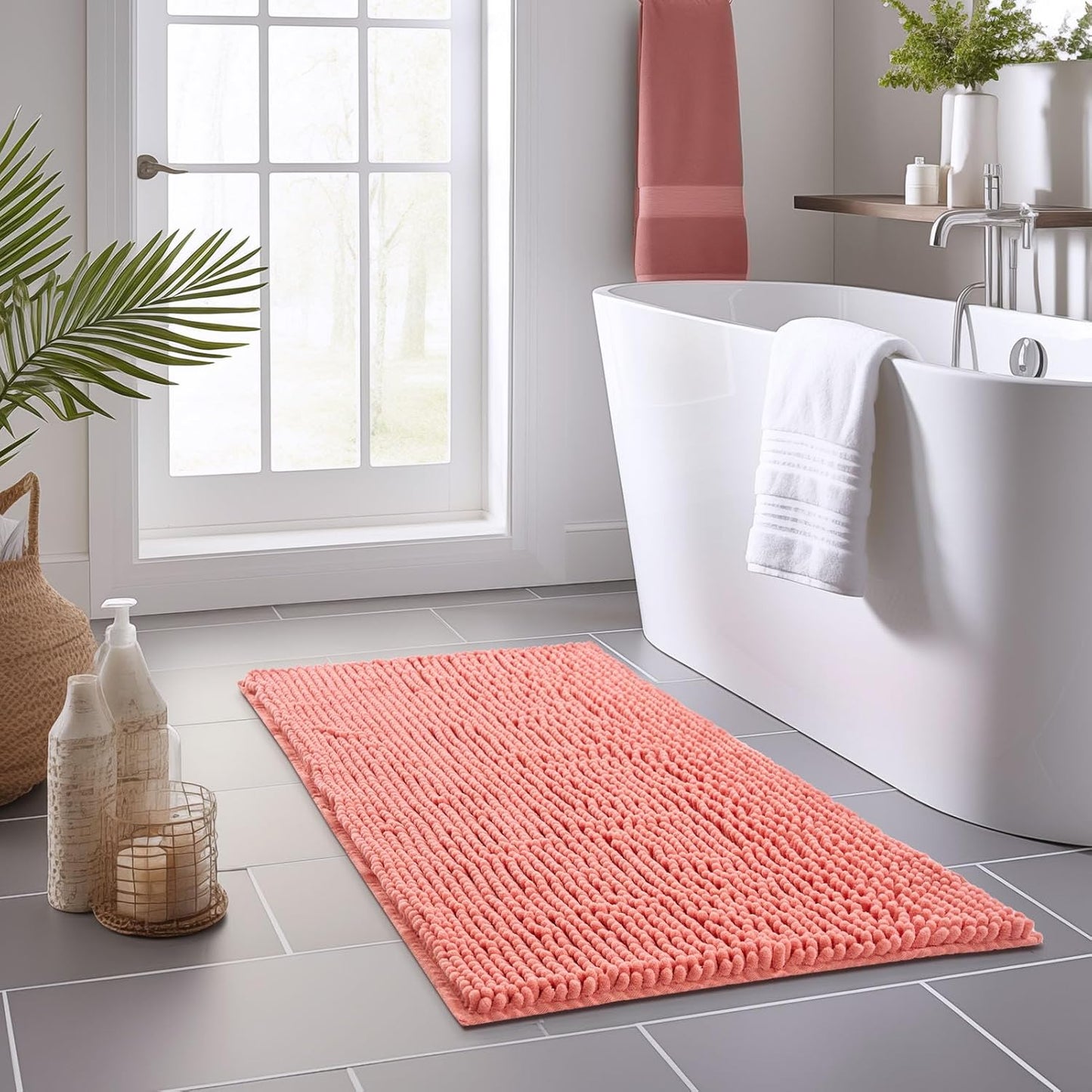 FRESHMINT Large Chenille Bathroom Rugs Mat 47"x24", Non-Slip Bath Mat for Bathroom Floor & Bathtub, Washable Shower Shag Bath Rugs, Soft Thick Water Absorbent Microfiber Shower Mat, Coral