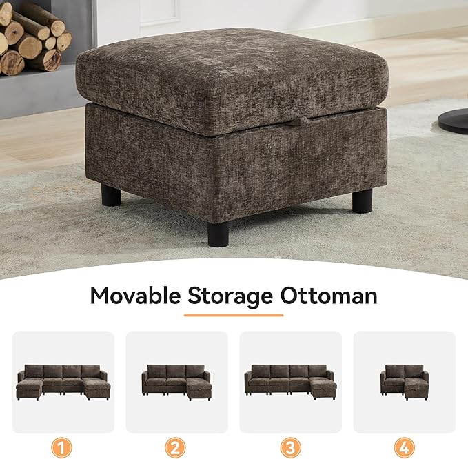WUTUTUEE 58'' Modular Sectional Loveseat Sofa with Storage, Comfy Office L Shaped Sofa Couch, Chenille Love Seat Modular Sectional Couch with Movable Ottoman for Living Room, Bedroom, Brown