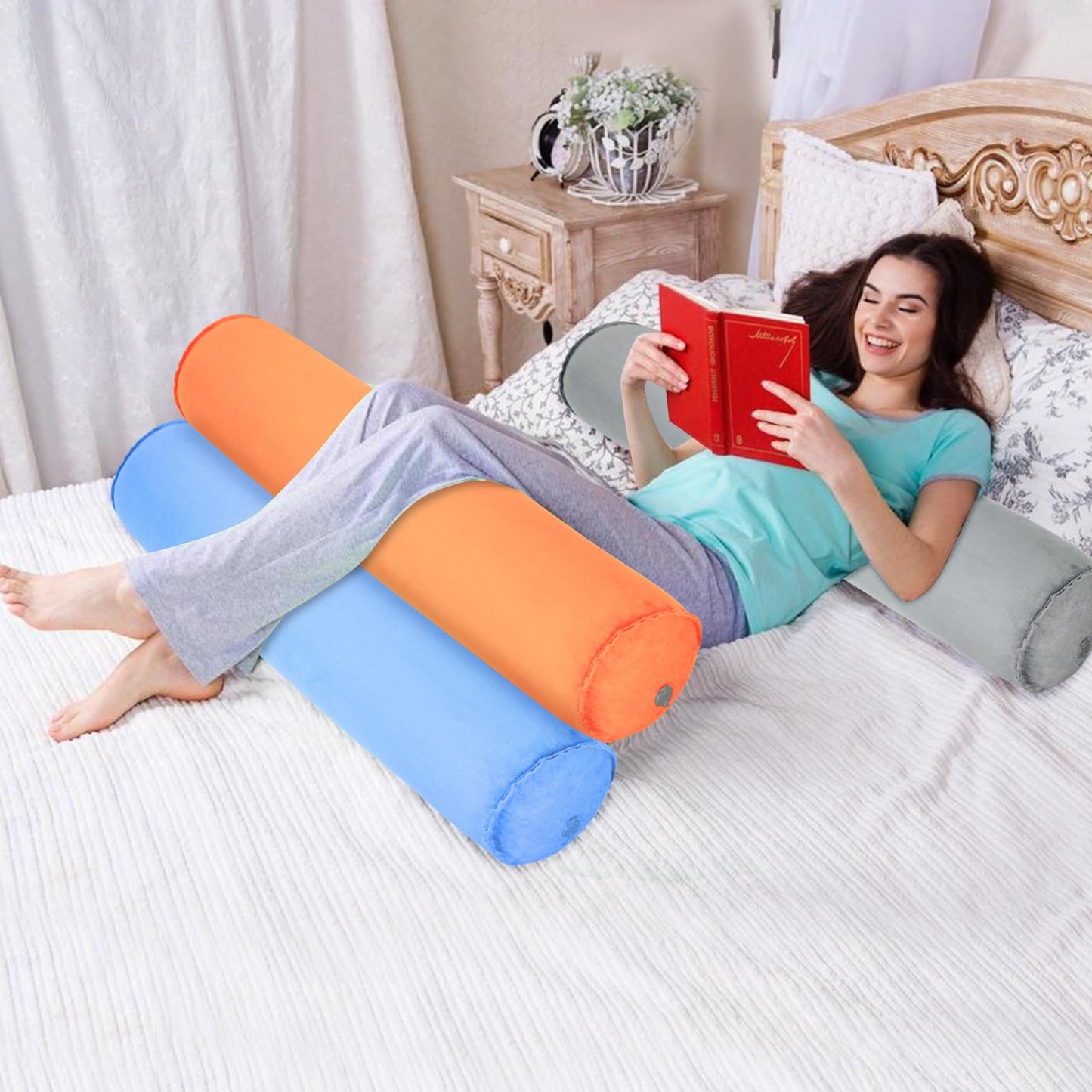 YEEKORO Long Body Pillow for Adults, Inflatable Full Body Pillow, Multifunctional Side Sleeper Pillows, Round Bolster Pillow for Bed (Grey, 120cm/47.24inch)