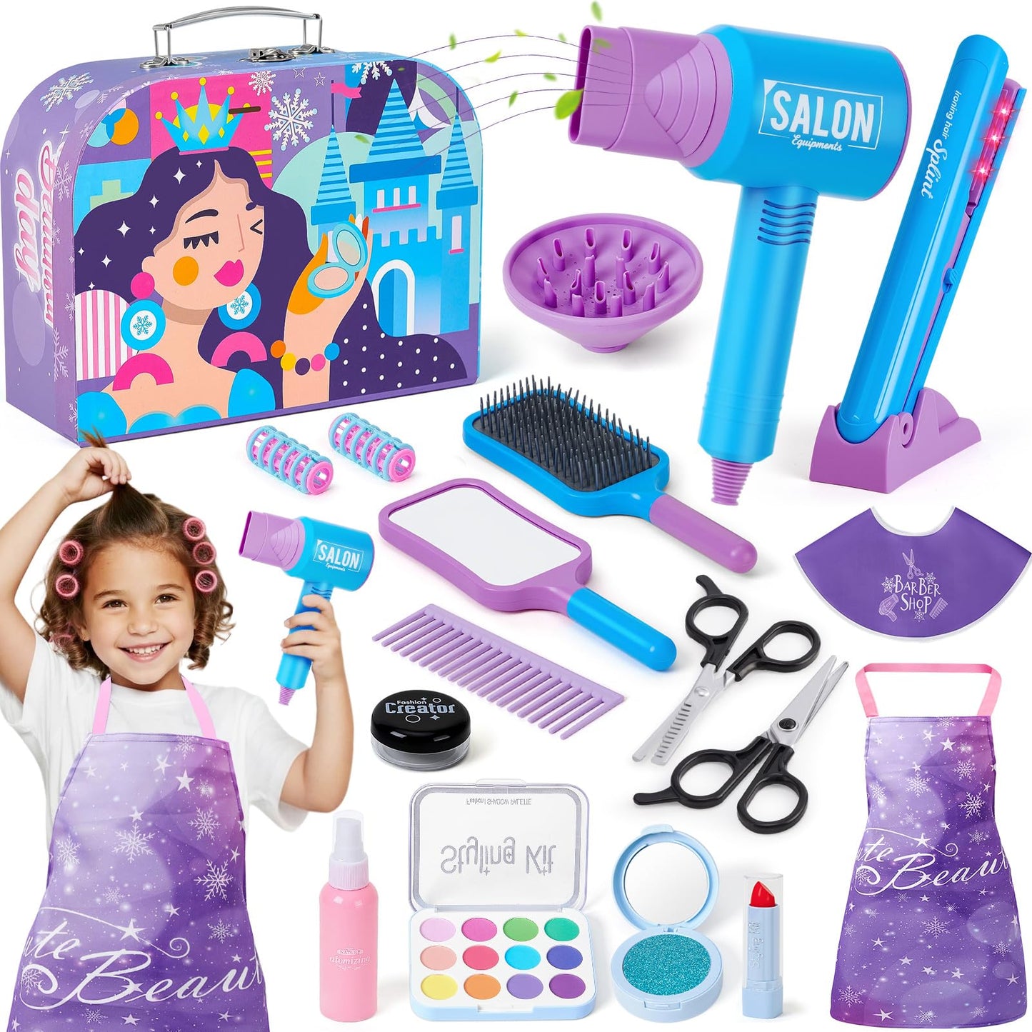 Cleboen Hair Salon Toys for Girls, Kids Pretend Play Beauty Salon Hair Styling Set with Blow Dryer Straightener Mirror Apron Styling Accessories & Makeup Set, Birthday Gifts for Girls 3 4 5 6 7 8+