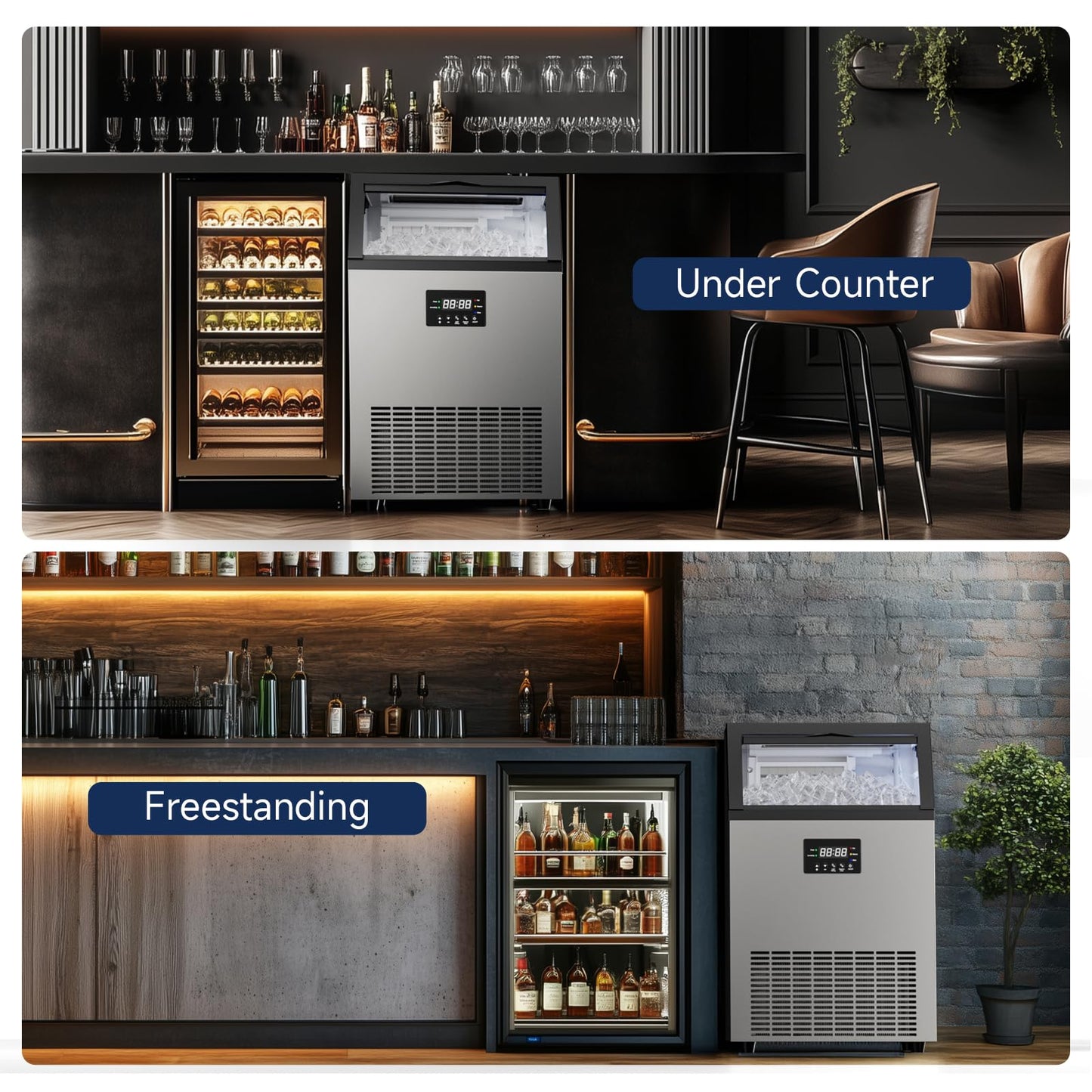 Commercial Ice Maker Machine 200LBS/24H, 40LBS Storage Stainless Steel Under Counter or Freestanding Ice Machine, Self-Cleaning, 55 Cubes per Cycle, Ideal for Bars, Restaurants, and Cafes