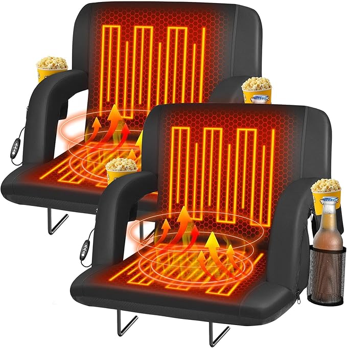 Seeutek Heated Stadium Seats for Bleachers, Portable Stadium Seats with Back Support, USB 3 Levels Bleacher Chairs with Back and Cushion, 5 Pockets Poldable Stadium Chairs for Sports Games, 25in 2PC