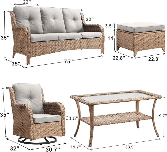 Rilyson Patio Furniture Swivel Chairs Set - 7 PC Wicker Rattan Outdoor Sectional Conversation Sets with 2 Rocking Chairs,2 Ottoman,2 Sofa and 1 Coffee Table for Porch Deck Garden(Yellow/Beige)