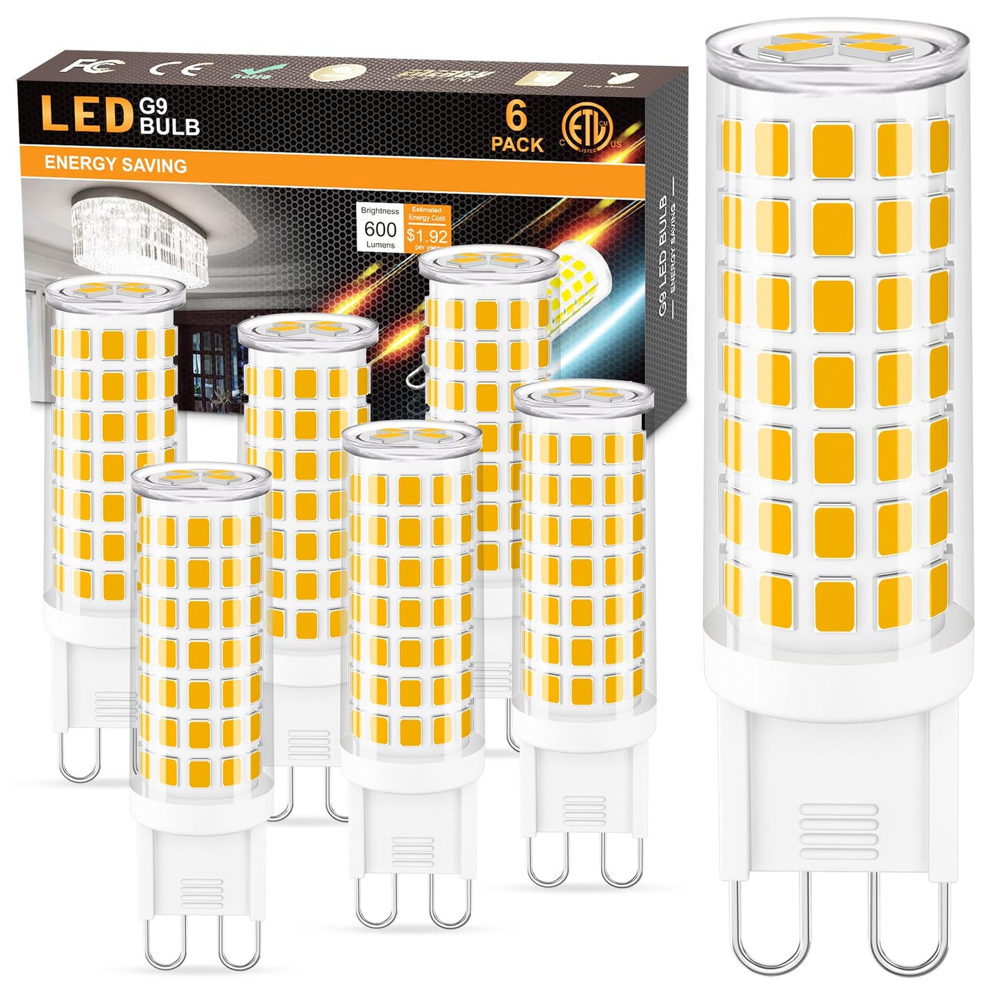 hansang G9 Led Bulb,6W(60W Halogen Bulb Replacement), Chandelier Light Bulbs,88 LEDs,Warm White 3000K,Non-dimmable,G9 Bi Pin Base,360° Transparent Plastic,550LM,Pack of 6