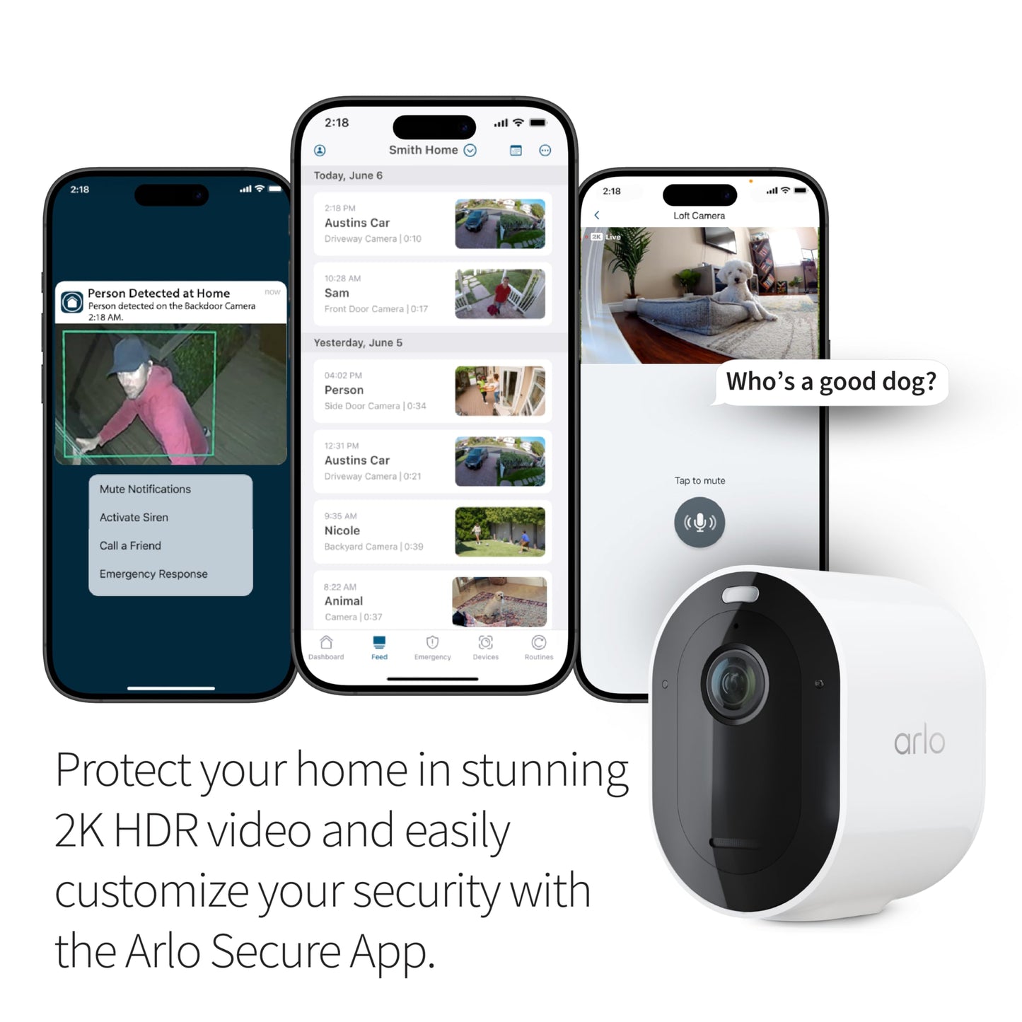 Arlo Pro 5S 2K HDR wireless outdoor security camera, color night vision, 160° FOV, rechargeable battery, weatherproof, 4-camera kit, white