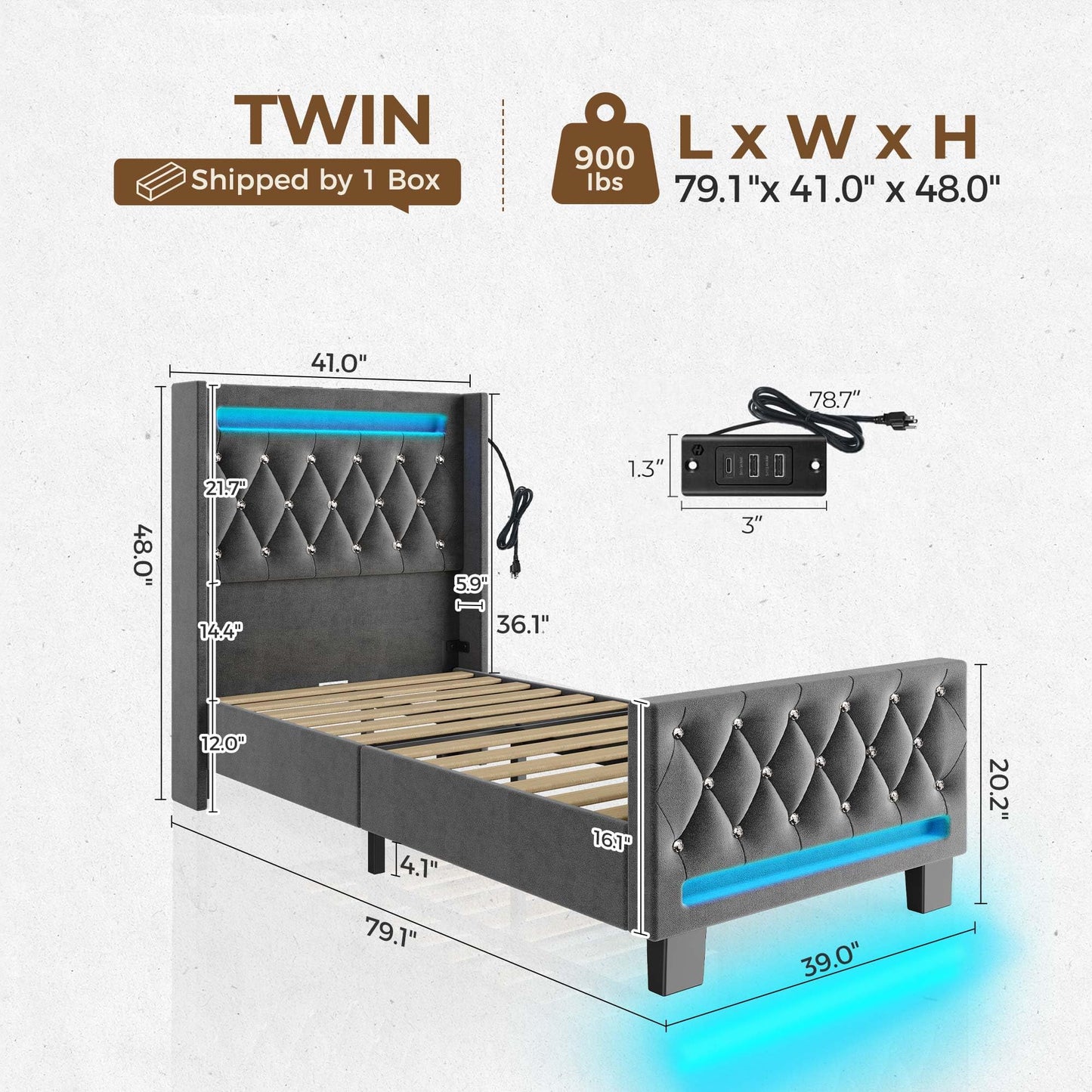 Rolanstar Twin Bed Frame with LED Light and Charging Station, Upholstered High Headboard and Footboard, Wood Slats, Noise Free, Easy Assembly, Grey