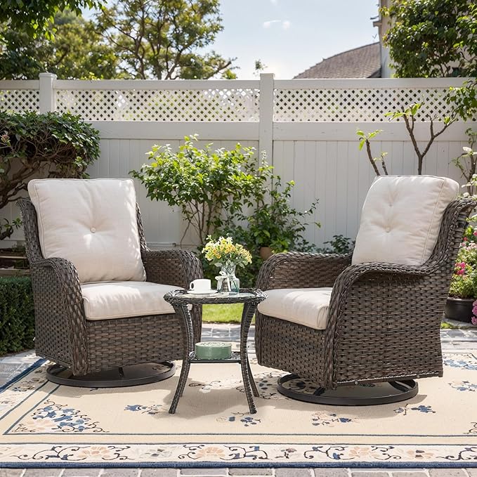 Belord Patio Furniture Set Swivel Rcoker - 3 Pieces Outdoor Glider Rocking Chairs with Small Side Table, Wicker Chair Sets for Porch, Balcony and Garden