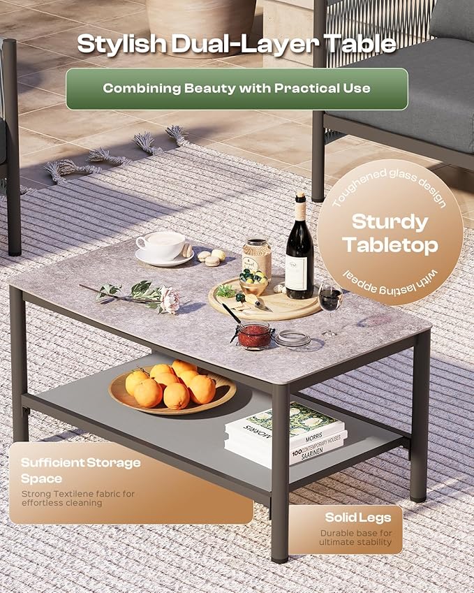 Aluminum Outdoor Patio Furniture Set, HDPE Rope 4 Piece Modern Sectional Conversation Sets with Dual-Layer Coffee Table, All Weather Patio Couch Set with Thick Cushions, Gray Frame, Charcoal