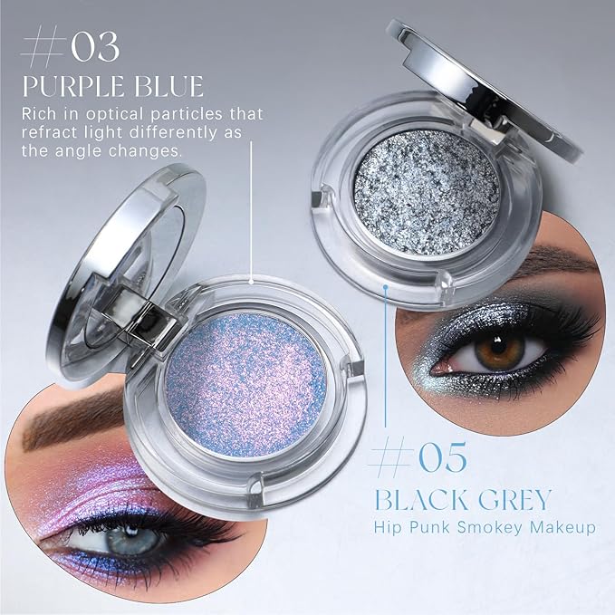 Black Gray Glitter Eyeshadow, Metallic Cool Toned Grey Silver Smoky Single Eyeshadow, Sparkling Inner Corner Eye Highlighter Shimmer Eye Makeup Palette 05