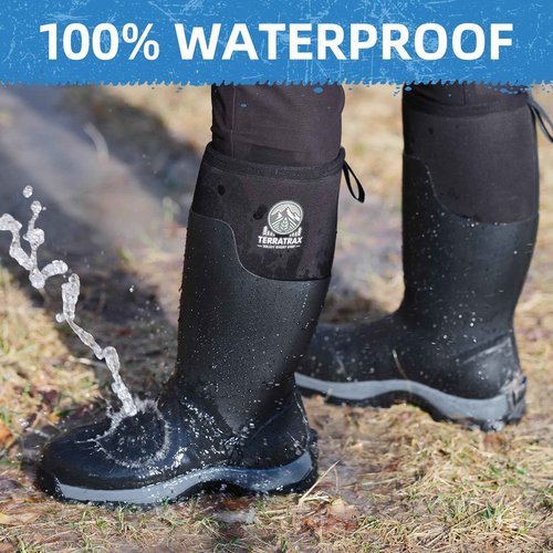 TerraTrax Men's Waterproof Insulated Rubber Hunting Boots – 6mm Neoprene Rain Boots for Outdoor Work, Fishing, Farming & Gardening Black Size 9