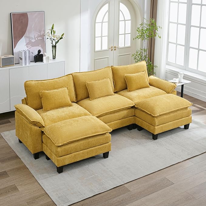 URRED Cloud Couch Modular Sectional Sofa, 122" Modern U Shaped Deep Seat Sofa with 2 Ottomans & Pillows, Ultra Comfy Chenille Couches for Living Room, Bedroom or Apartment, Yellow