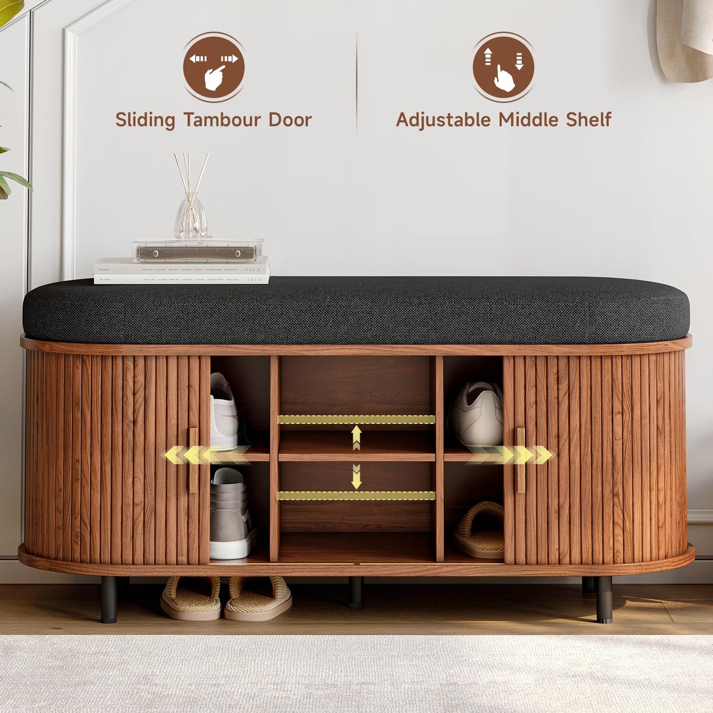 ONBRILL 43" Bench with Shoe Storage, Fluted Entryway Shoe Bench with Storage, with Cushion, Sliding Door and Adjustable Shelf, for Entryway, Hallway, Living Room, Walnut