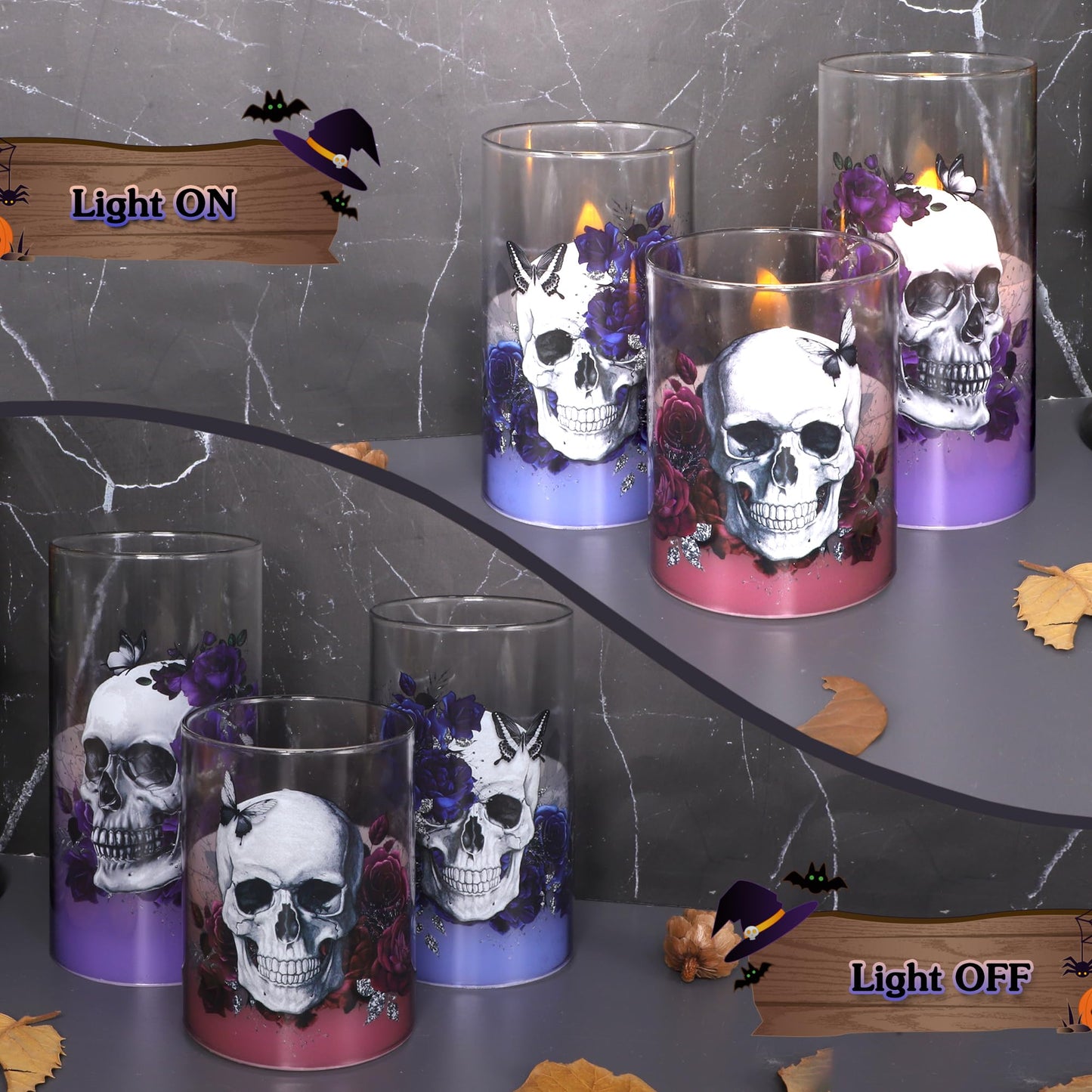 Immeiscent Halloween Glass Flameless Candles Romantic Gothic Skull Floral Battery Operated Remote Timer Flickering LED Pillar Candle for Wedding Party Goth Bathroom Decor