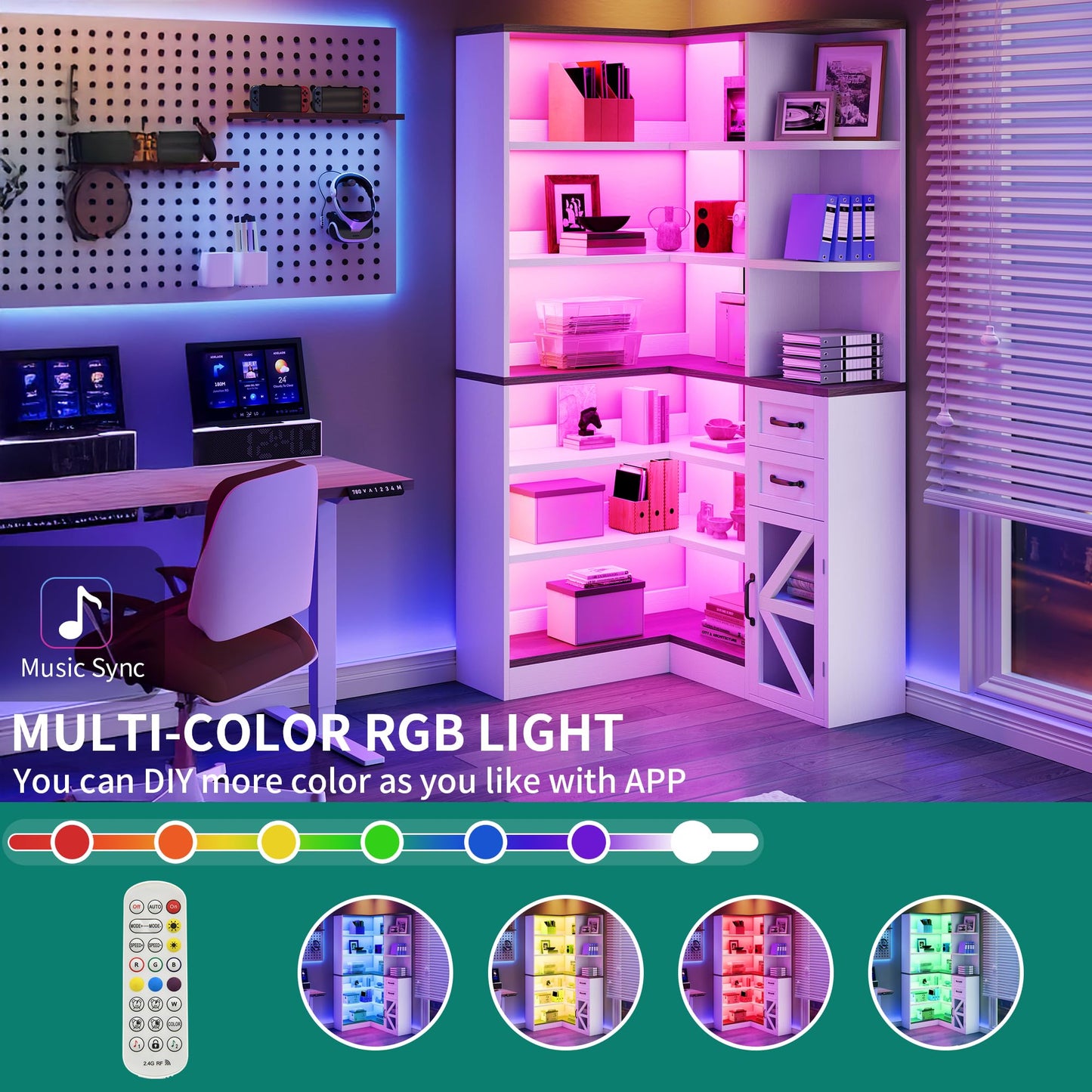 YITAHOME Corner Bookshelf with Storage, Farmhouse 6-Tier Bookshelf with Drawers and Cabinets, L-Shaped Bookcase LED Lights Corner Display Shelf for Home Office, Living Room, Bedroom