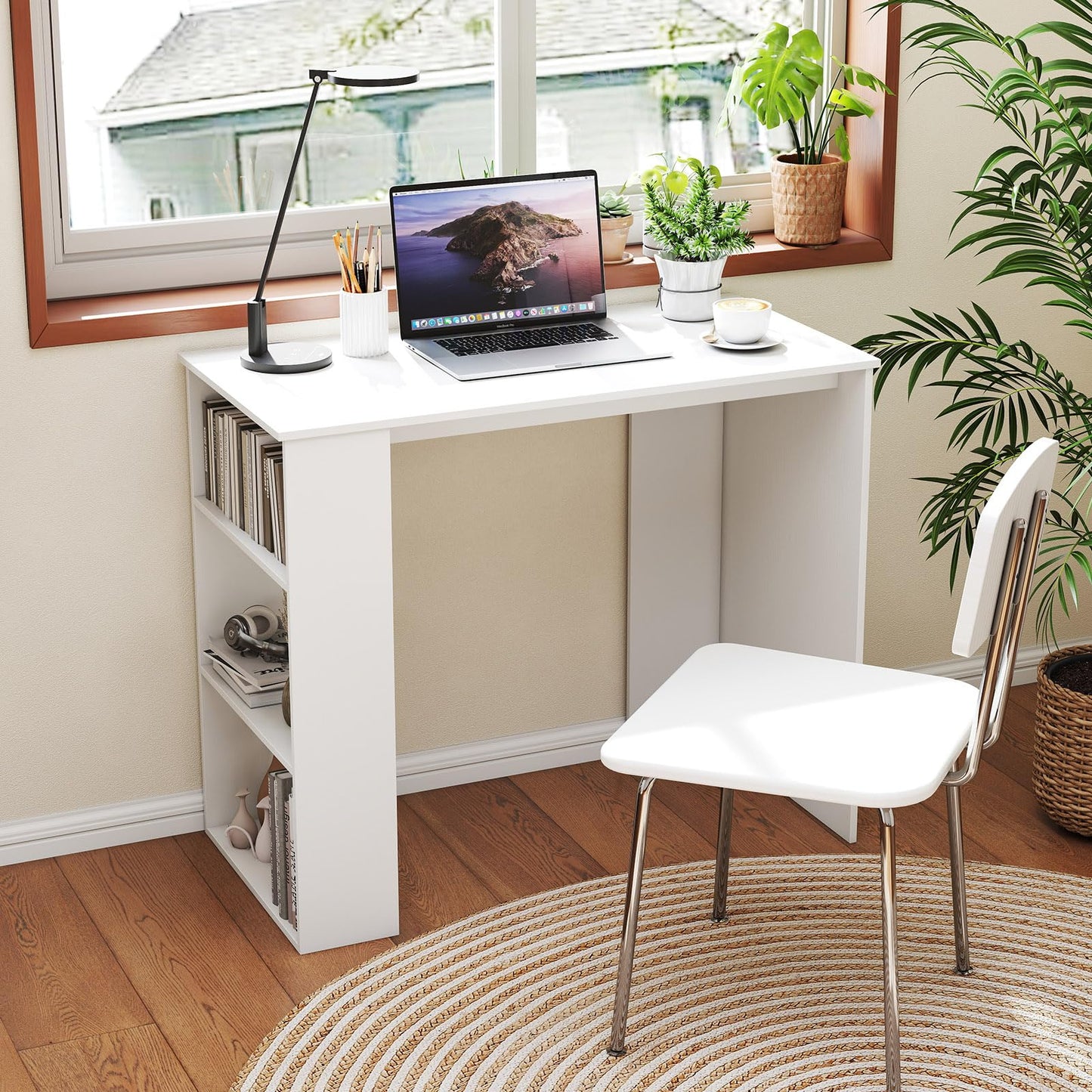 Giantex Small Computer Desk, 35.5 Inch Compact Home Office Desk with Storage Bookshelf, Vanity Table, Modern Laptop Computer Workstation, Student Teen Study Writing Desk for Small Spaces, White