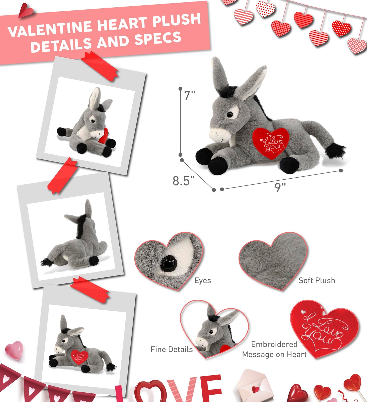 DolliBu I Love You Valentine Plush Super Soft Laying Donkey - Cute Stuffed Animal with Red Heart and Name Personalization Gift for Valentines Day, Birthday, Anniversary, Romantic Date - 9 Inches