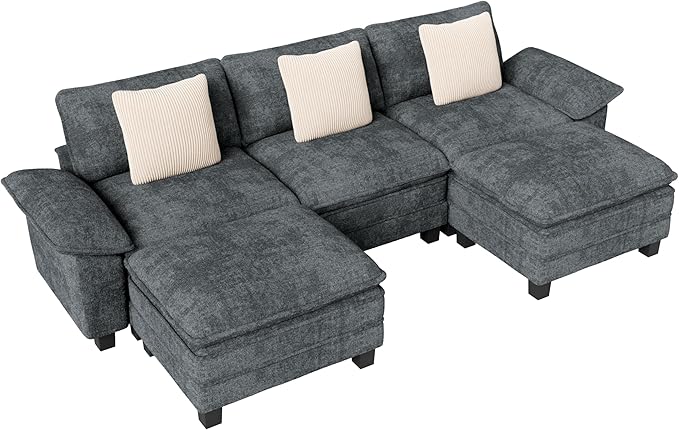 MIXPATIO 123-Inch U Shaped Sectional Sofa with Cloud Cushions, Deep Seat Modular Couch Set w/ 5 Seats & 2 Ottomans, Removable Arms, Plush Chenille Upholstery for Living Room, Apartment - Cyan
