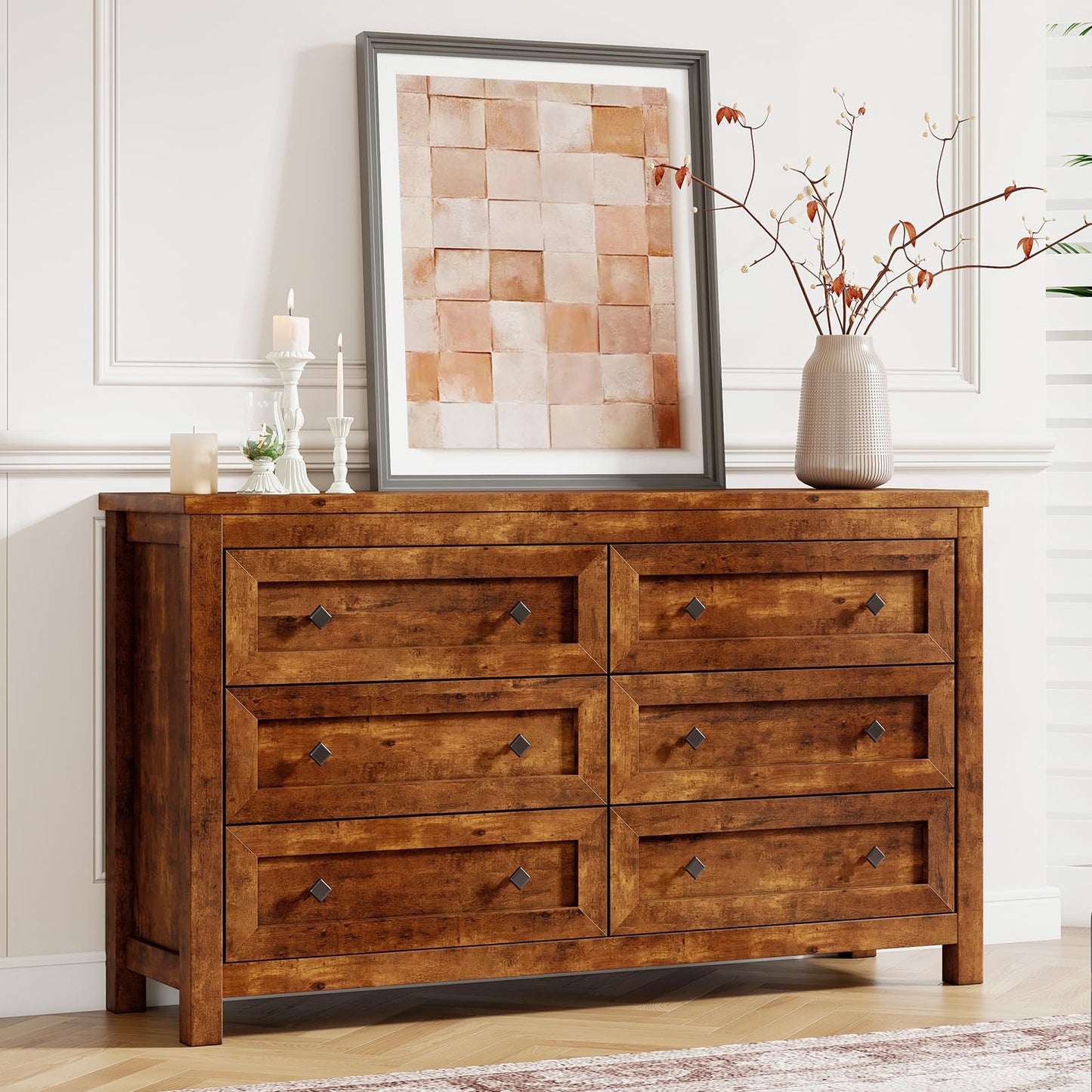 LUXOAK Bedroom Dresser and Nightstand 3 Piece Set, 1 X Wood Rustic 6 Drawer Storage Dresser, Nightstand Set of 2 with Charging Station, Farmhouse Bedroom Furniture Set, Rustic Brown