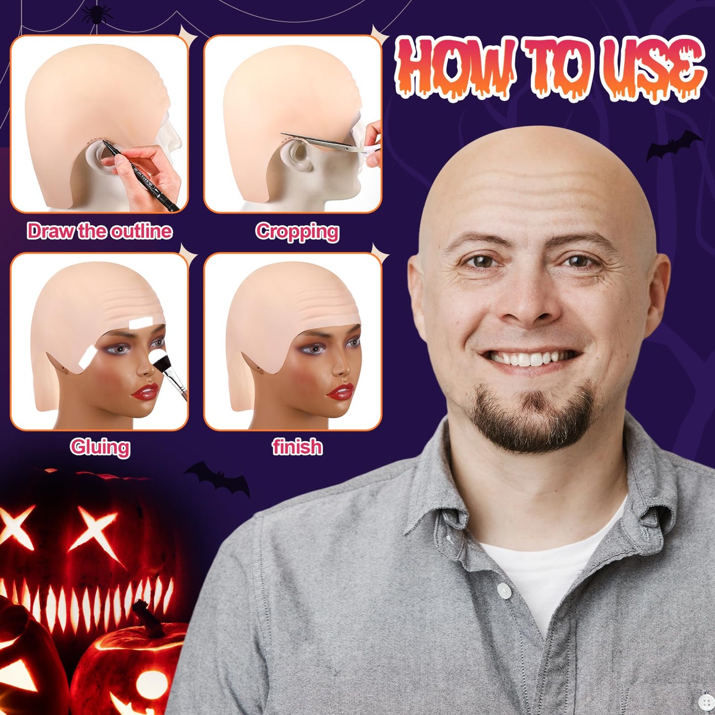 Syhood 4 Packs Halloween Bald Caps Makeup Latex Bald Head Wig Cap Bald Hat Costume Accessories for Women Men Adults(Dark Brown.nude,Large)