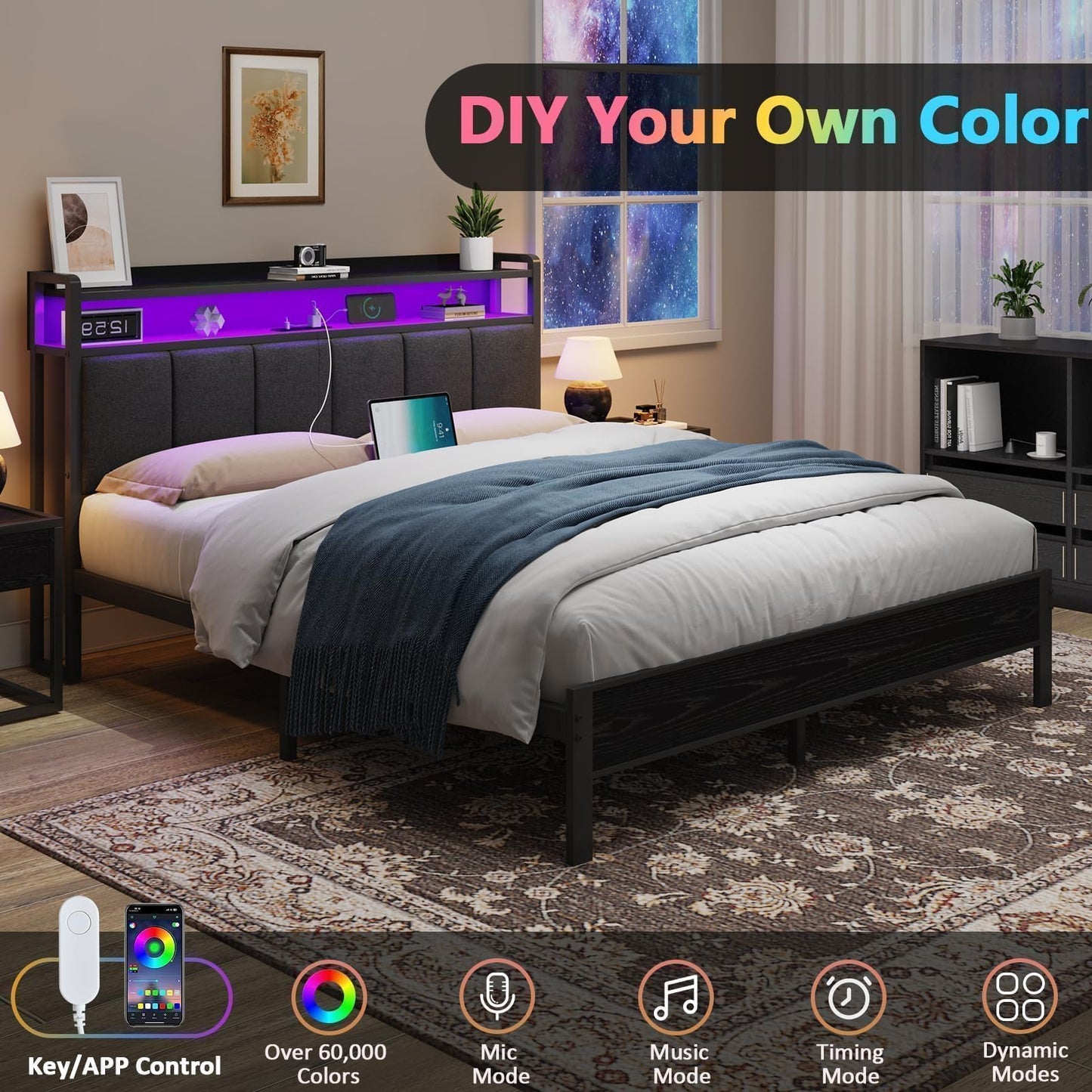 Twin Size Bed Frames with LED Lights and Storage, Metal Platform Bed Twin with Upholstered Headboard and Charging Station, Heavy Duty Metal Slats, No Box Spring Needed, Easy Assembly, Dark Grey