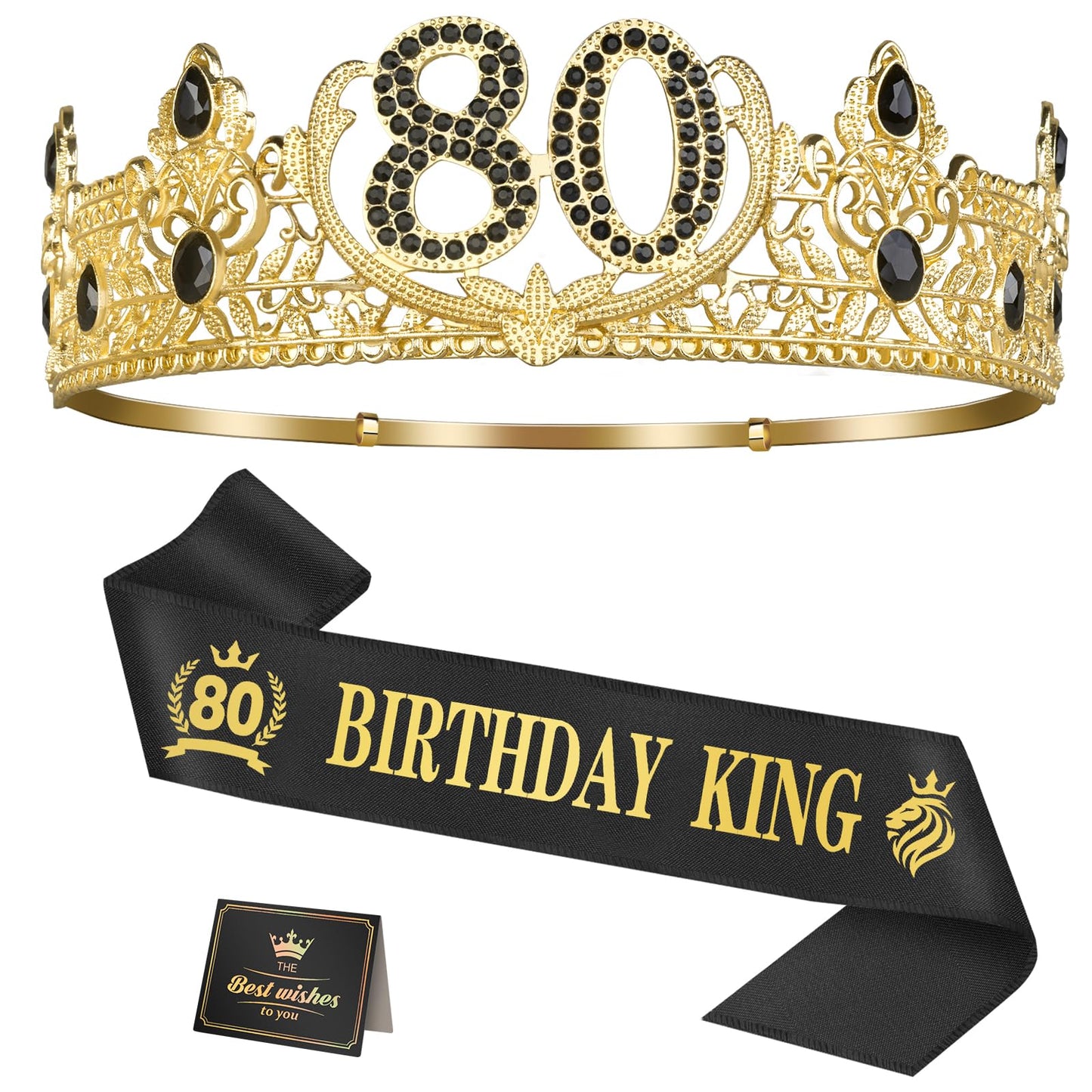Asija 80th Birthday Gifts for Men, 80th Birthday Decorations for Men, Party Decor Supplies including King Crown & Sash & Greeting Card