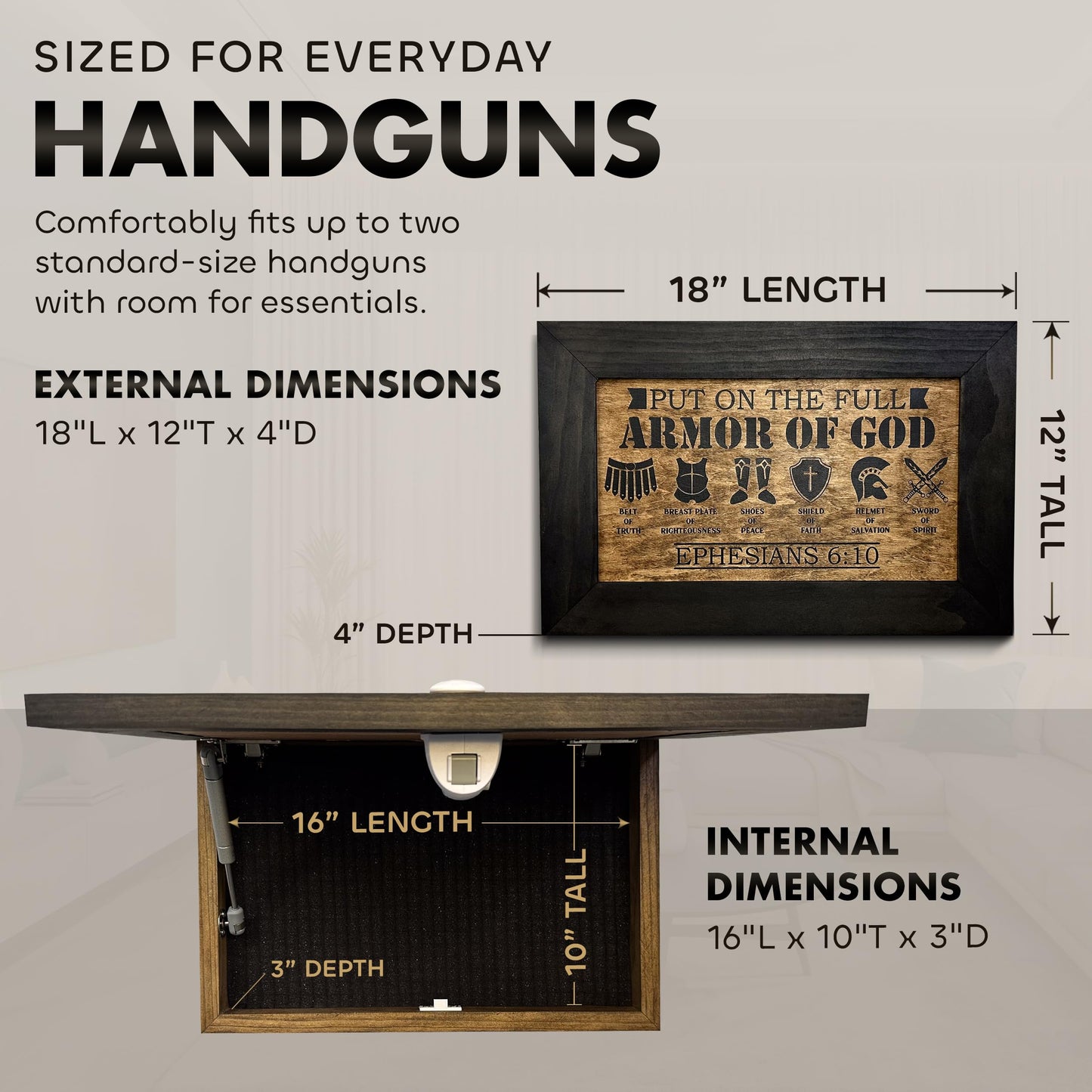 Full Armor of God Wall Gun Safe - Religious Hidden Gun Safe - Handcrafted Concealment Furniture for Guns - Quick Access Firearm Storage with Magnetic Lock - Hidden Shelf Safe by Bellewood Designs