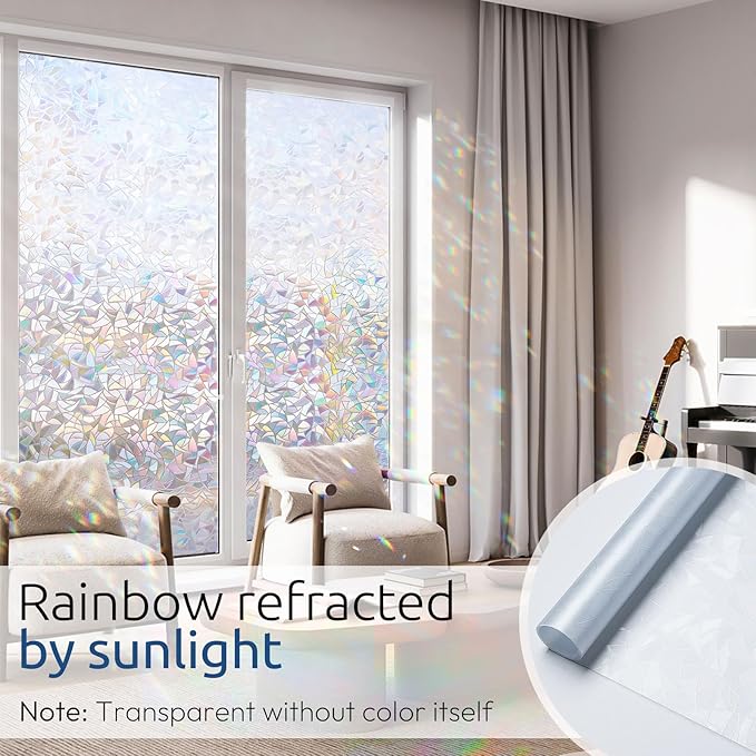 rabbitgoo Window Privacy Film Rainbow Film Decorative Window Sticker, 3D Static Stained Glass Cling Tint for Home Heat Control Non-Adhesive, 23.6 x 118.1 inches