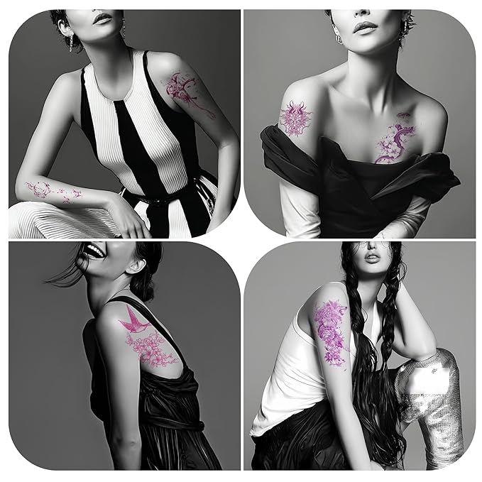 Feminine Pink Art Temporary Tattoos | Realistic Pink Purple Temporary Tattoos for Women, Floral Bird Moon & Symbol Fake Tattoo Stickers from Elegant to Edgy for Party Travel Daily Use