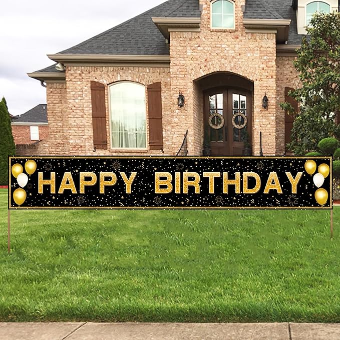 Happy Birthday Banner - 118"x20" Waterproof, Windproof & Tear-Resistant Polyester Sign for Men, Women, Boys & Girls, Black...