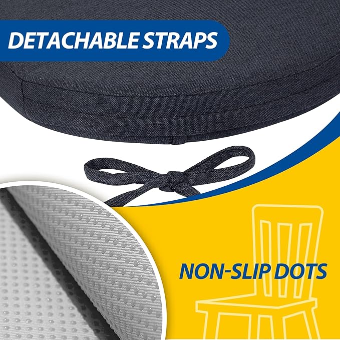 AAAAAcessories D-Shaped Chair Cushions, 2" Thick Dining Chair Pads with Ties and Removable, Machine-Washable Cover, 17" x 16", Set of 2, Charcoal Gray
