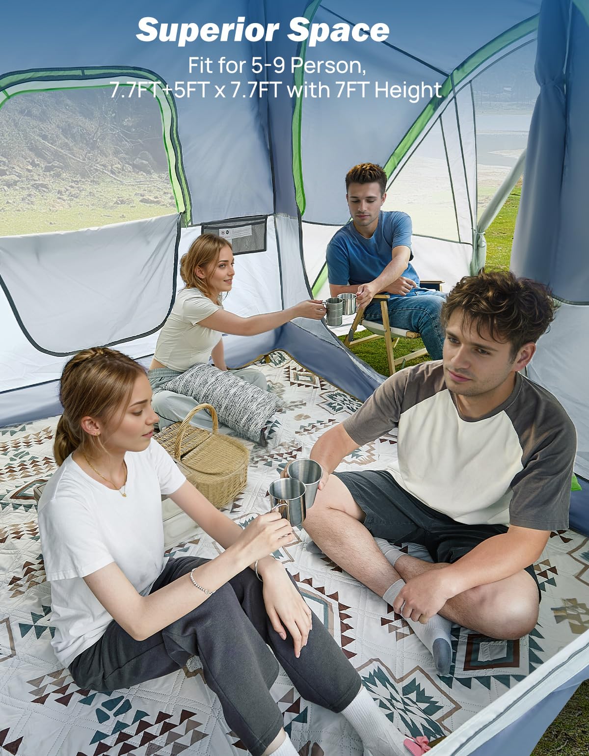 JOYTUTUS SUV Tent with Screen Porch, Rainfly and Awning for Family Camping, 60% More Space Car Tent for 5-9 Person, Dual-Use Camping Tent with 2 Rooms, Double Door, Starry Sky Roof, Gray Green