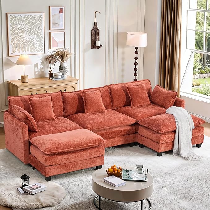 SoarFlash 113.78" Chenille Sectional Sofa, Comfy U Shaped Modular Coush Sofa with Ottoman, Modern 4 Seat Couch Deep Seat Sofa Set for Living Room,Orange