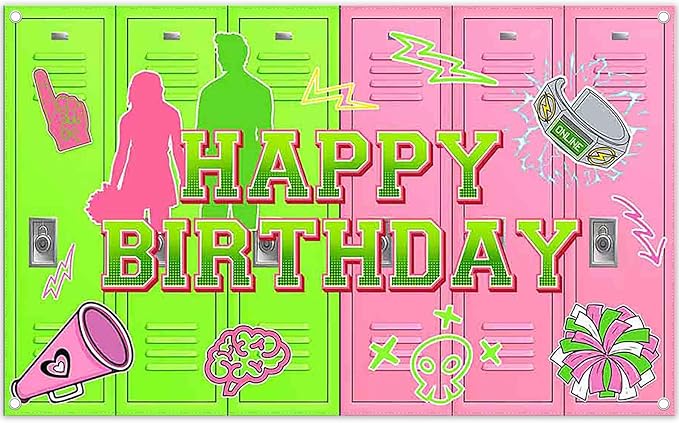 Monalivest 72x43inch Fabric Green and Pink Happy Birthday Backdrop Cheerleading American High School Lockers Photography B...