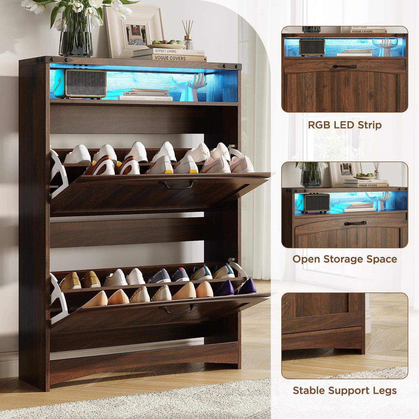 Maupvit Shoe Storage Cabinet with 2 Flip Drawers & Open Storage & RGB Lights, Narrow Shoe Rack Organizer Cabinets, Slim Shoe Cabinet for Entryway, Entrance, Hallway, Foyer, Walnut Brown