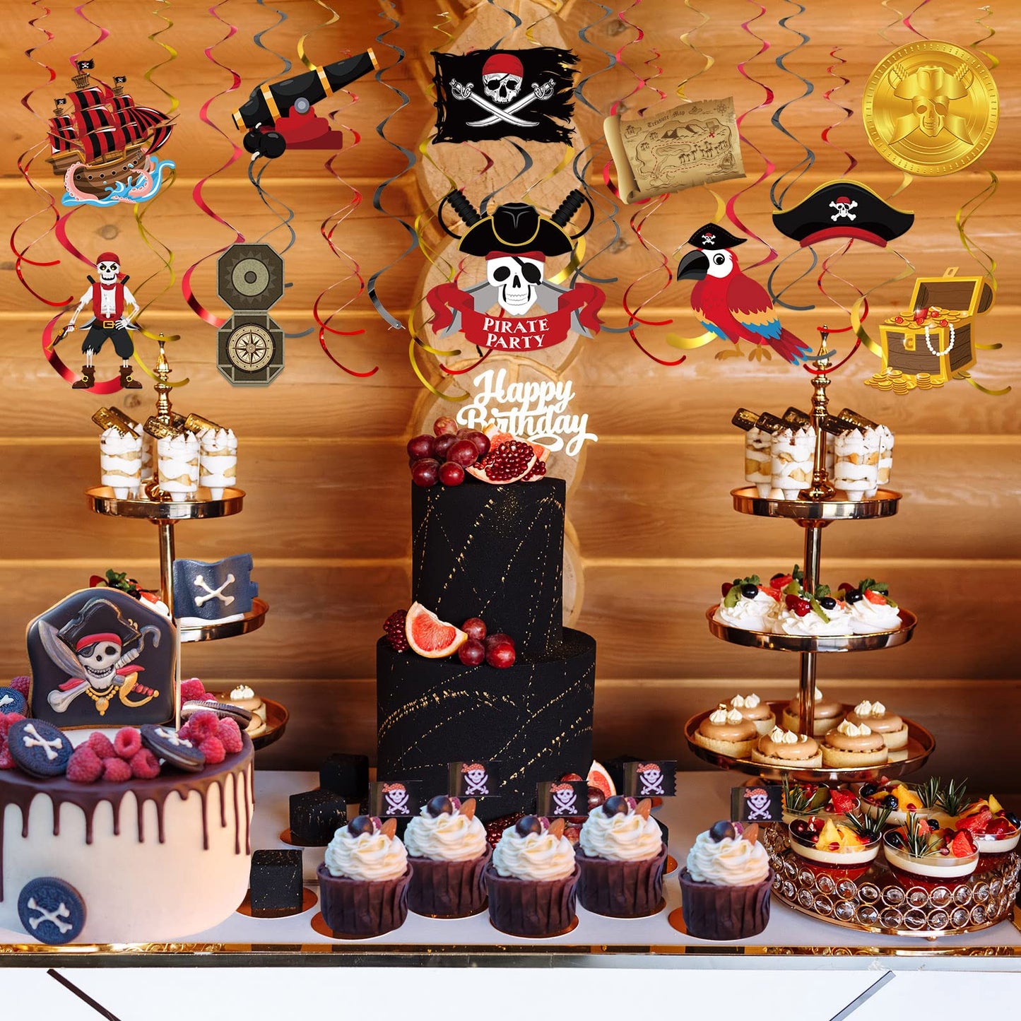 Censen 52 Pcs Pirate Party Hanging Swirls Decor Pirate Theme Ceiling Wall Spiral Streamer Pirate Captain Hat Skull Parrot Treasures Ceiling Hanging Swirl for Pirate Nautical Caribbean Birthday Party