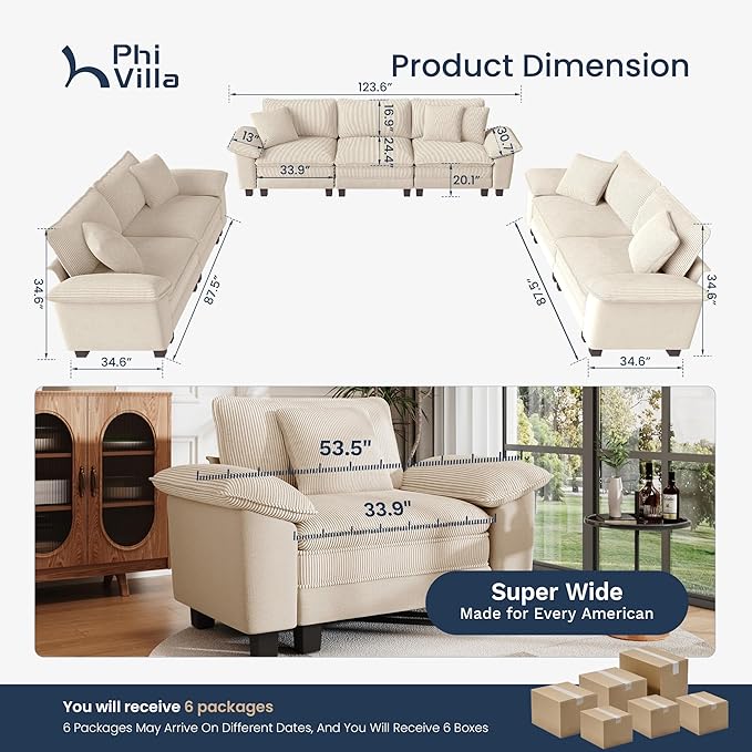 PHI VILLA Cloud Modular Couches Sets, 3 Pieces Large Sectional Sofa Set with Loveseats, 7-Seater Upholstered Couch for Living Room, Chenille Corduroy Dual Fabric, Beige