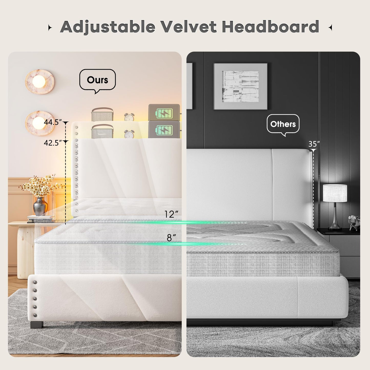 EnHomee Queen Bed Frame with Velvet Headboard and LED Lights, Storage Headboard with Charging Station, Bed Frame Queen Size with Sturdy Wooden Slats Support, Noise-Free, Easy Assembly, Beige