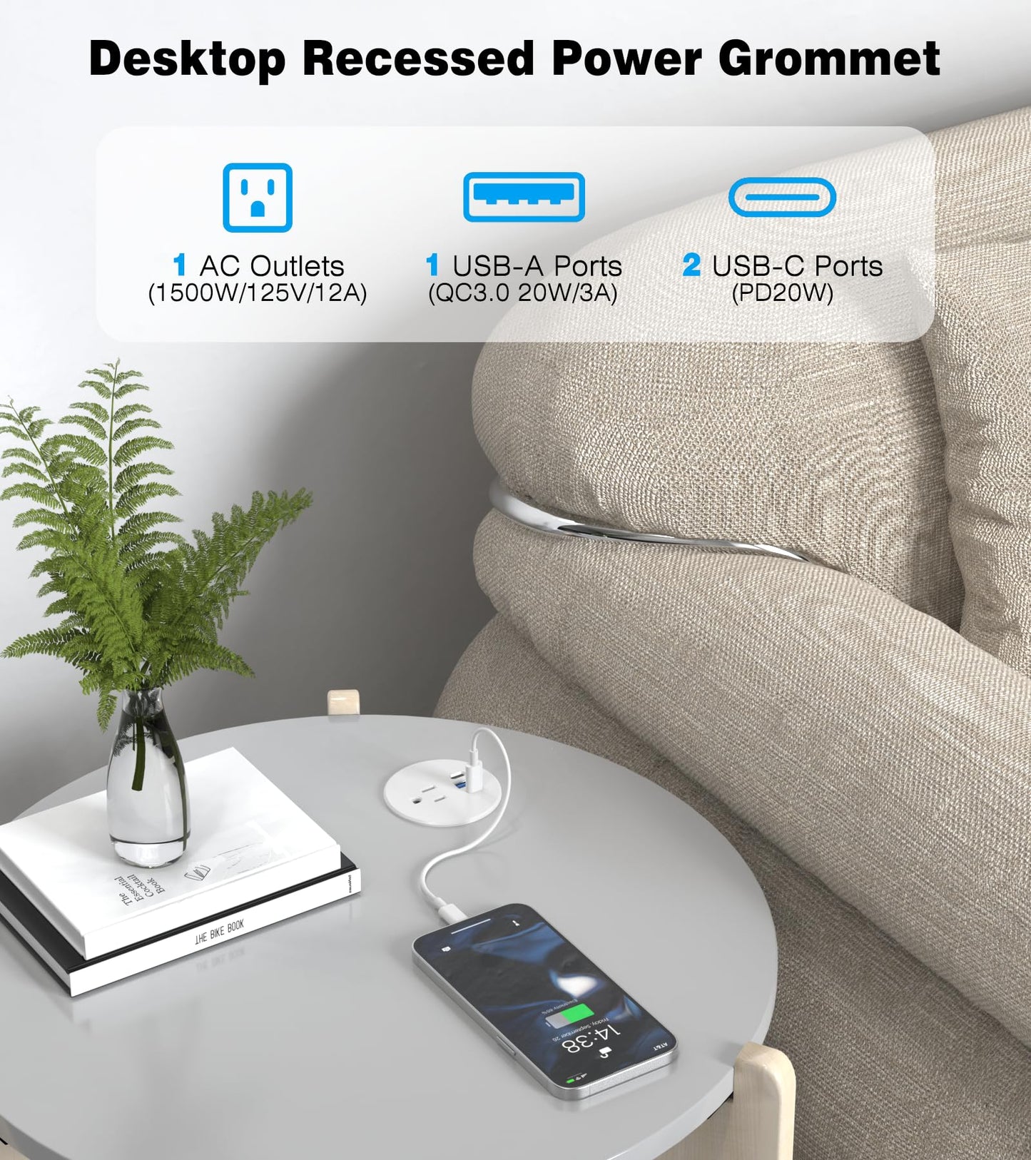 Desk Grommet Power Outlet, 2.5 Inch Desktop Recessed Outlet With 20W Fast Charging Usb-C Port, Flush Mount Outlet For Conference
