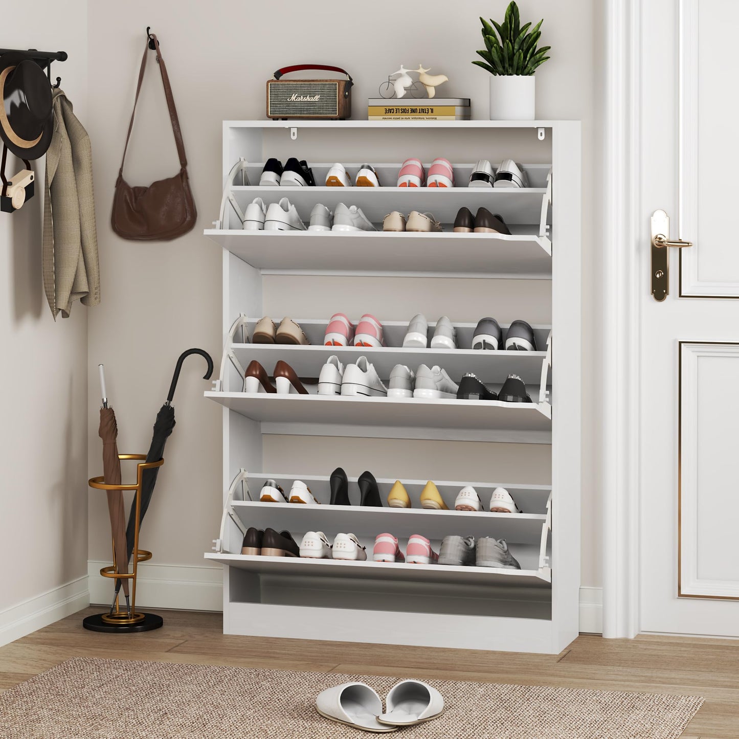 BORNOON Shoe Cabinet with 3 Flip Drawers, Hidden Wood Shoe Cabinet,Freestanding Shoe Storage Cabinet for Entryway Hallway.White. 47.2" H*31.5" W*9.25" D.